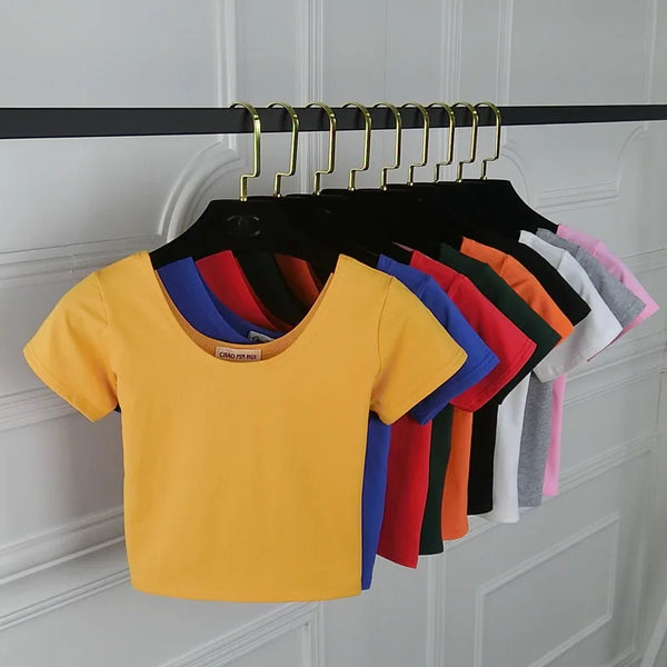 2024 Women’s Stretch Cotton U-Neck Crop Top – Sexy, Short Sleeve, Best-Selling Tee