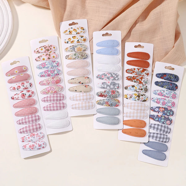 10Pcs/Lot Fresh Print Cotton Alloy Hair Clips for Kids Fabric Plaid BB Hairpins Girl Hairgripe Headwear Baby Hair Accessories